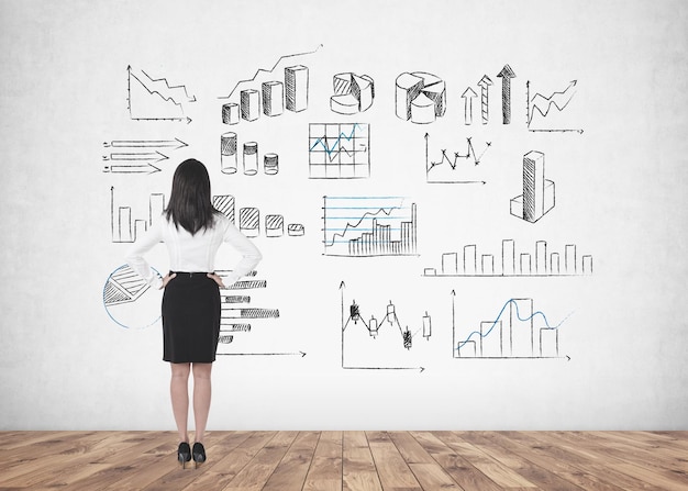 Rückansicht einer jungen Geschäftsfrau mit langen schwarzen Haaren, die mit den Händen auf der Taille steht und nach vorne blickt. Verschiedene Arten von Diagrammen auf einer Betonwand. Datendarstellung und Börsenkonzept
