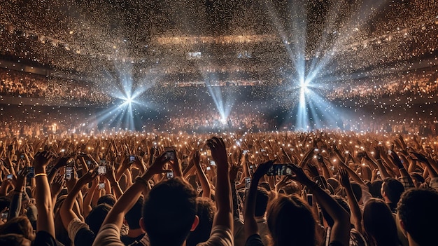 Rückansicht einer Menschenmenge bei einem Konzert, deren Smartphones in die Höhe gehalten werden und die Deckenlichter spiegeln