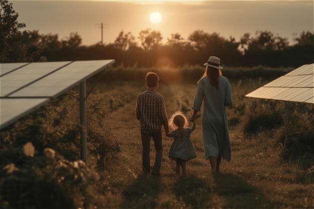 Rückansicht einer Mutter mit Kindern, die in der Nähe von Sonnenkollektoren im Sonnenuntergangsfeld spazieren geht Generative KI