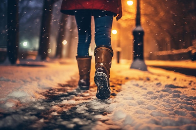 Rückansicht einer Nahaufnahme eines Frauenbeins, das im verschneiten Winternachtpark spaziert. KI-generativ