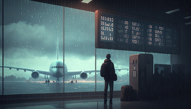 Rückansicht einer Person, die im Regen durch das Fenster des Flughafens auf das Flugzeug blickt. Flugverspätung aufgrund schlechten Wetters