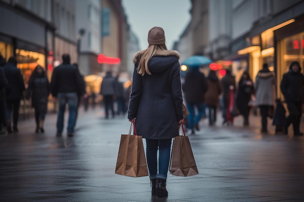 Rückansicht einer stilvollen jungen Frau, die in jeder Hand eine Einkaufstasche hält, was einen Erfolg symbolisiert