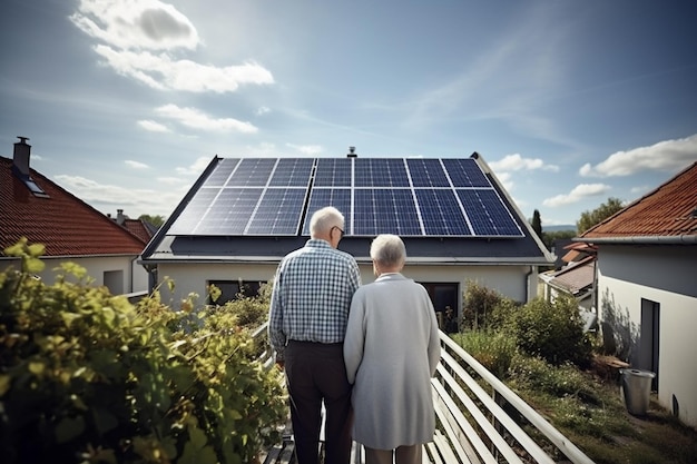 Rückansicht eines älteren Paares im Vorderhaus mit Sonnenkollektoren. Generative KI