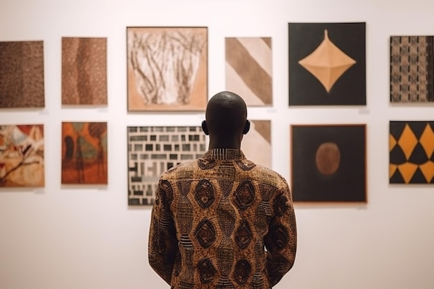 Rückansicht eines afrikanischen männlichen Gastes der Kunstgalerie, der vor einer Wand mit Ausstellungen steht