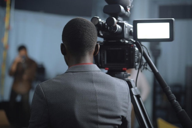 Rückansicht eines afrikanischen männlichen Journalisten, der Fragen für die Pressekonferenz vorbereitet