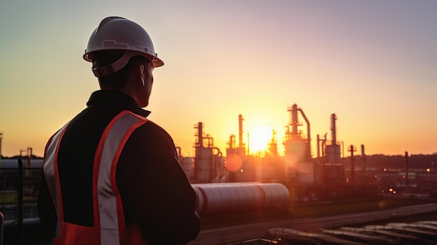Rückansicht eines Arbeiters, der einen Schutzhelm trägt und auf eine Fabrik blickt, hinter der die Sonne untergeht