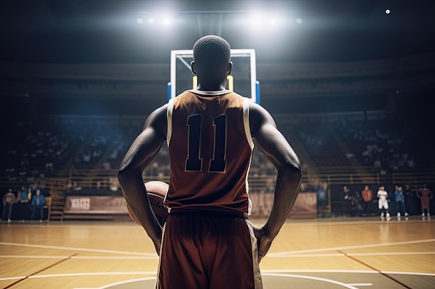 Rückansicht eines Basketballspielers, der mit den Händen auf den Hüften vor dem Basketballplatz steht. Ein Basketballspieler in voller Rückansicht, der mit Basketball-KI generiert steht