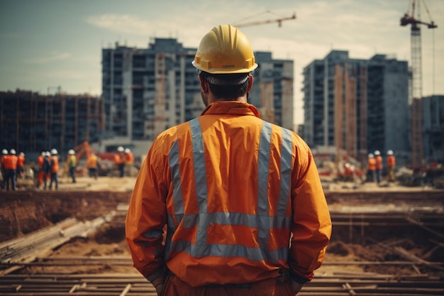 Rückansicht eines Bauingenieurs, der die Baustelle mit einem im Bau befindlichen Gebäude betrachtet