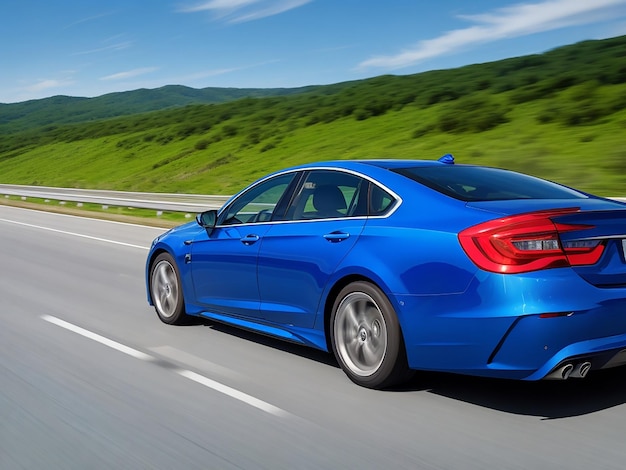 Rückansicht eines blauen Geschäftswagens mit hoher Geschwindigkeit, der wiederum auf einer Hochgeschwindigkeitsautobahn rast