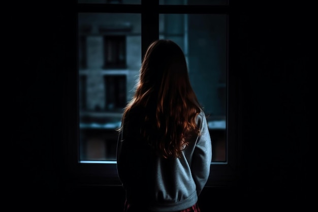 Rückansicht eines einsamen Mädchens, das im Dunkeln hinter dem Fenster steht und schaut