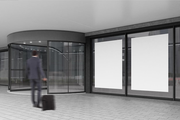 Rückansicht eines Geschäftsmannes mit Gepäck, der ein Gebäude mit Glastüren und zwei großen Plakaten betritt. 3D-Rendering. Attrappe, Lehrmodell, Simulation