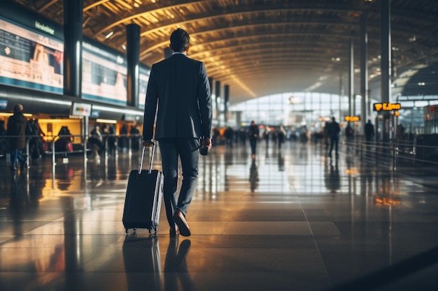 Rückansicht eines Geschäftsmannes mit Koffer, der durch das Abflugterminal schlendert