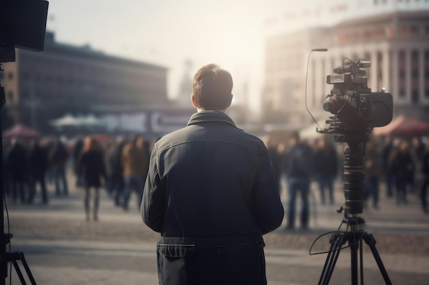 Rückansicht eines Journalisten, der live berichtet