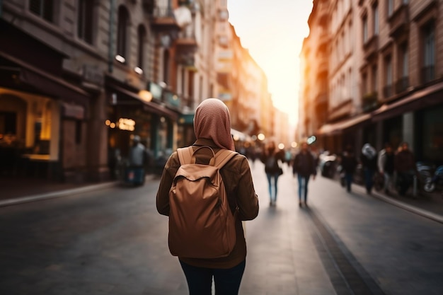 Rückansicht eines jungen asiatischen muslimischen Touristen auf der Straße Europas Reise- und Fernweh-Konzept Urlaub und Urlaub