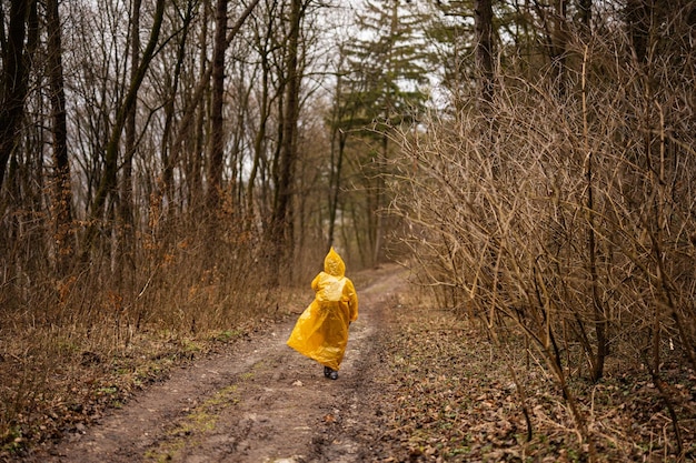 Rückansicht eines Jungen im gelben Regenmantel, der nach Regen im Wald spazieren geht