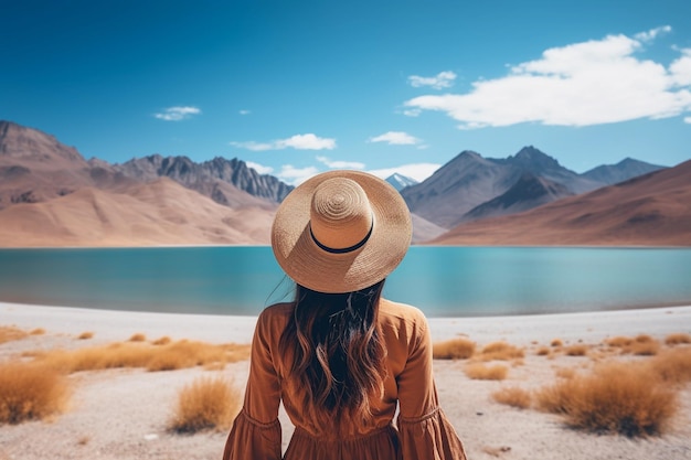 Rückansicht eines jungen lateinamerikanischen Touristen, der steht und einen Hut hält und über einen See mit Bergen nachdenkt