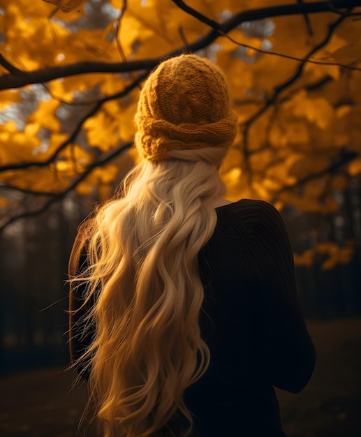 Rückansicht eines jungen Mädchens in warmem Stoff und Hut in der Herbstsaison