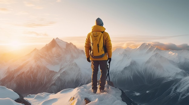 Rückansicht eines Mannes auf einem schneebedeckten Berg