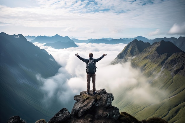 Rückansicht eines Mannes, der mit erhobenen Händen auf dem Gipfel eines Berges steht. Generative KI