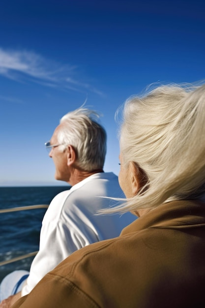 Rückansicht eines Mannes, der seine Frau dabei beobachtet, wie sie mit dem durch generative KI erzeugten Wind segelt