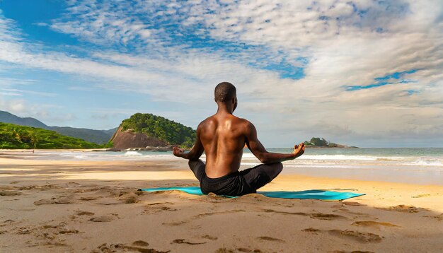 Rückansicht eines Mannes, der Yoga am Strand macht