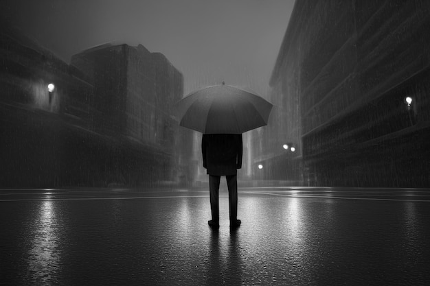 Rückansicht eines Mannes im schwarzen Mantel mit Regenschirm, der abends im Regen auf der Straße der Stadt spaziert