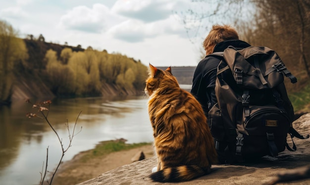 Rückansicht eines Mannes mit Rucksack auf den Schultern, der in der Nähe des Flusses sitzt. Große, flauschige Katze, die sich neben dem Besitzer ausruht. Naturkulisse in Unschärfe. Generative KI