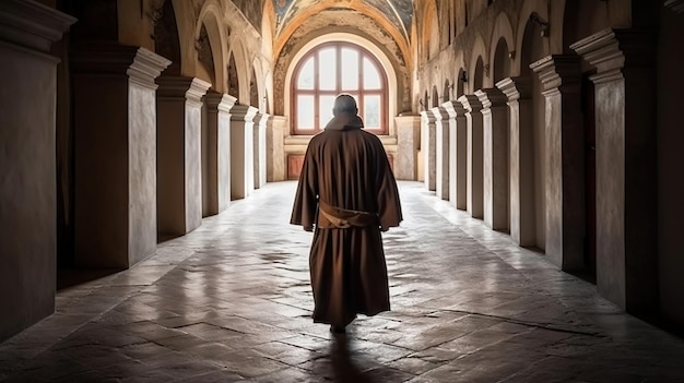 Rückansicht eines Mönchs, der durch einen Korridor in einer Kirche geht Generative KI