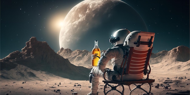 Rückansicht eines Mondastronauten, der ein Bier trinkt, während er sich in einem Strandkorb auf der Mondoberfläche ausruht und zur Erde salutiert