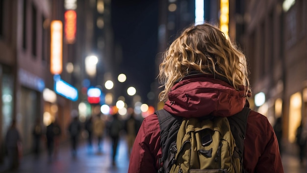 Rückansicht eines Rucksacktouristen mit dem Hintergrund einer Stadtstraße bei Nacht