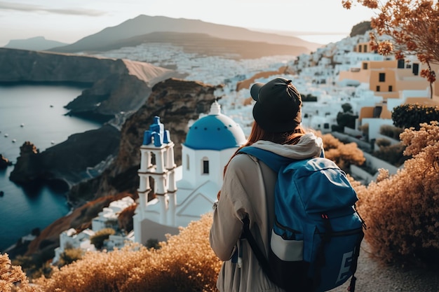 Rückansicht eines Touristen, der die Stadt Santorini erkundet. Generative KI