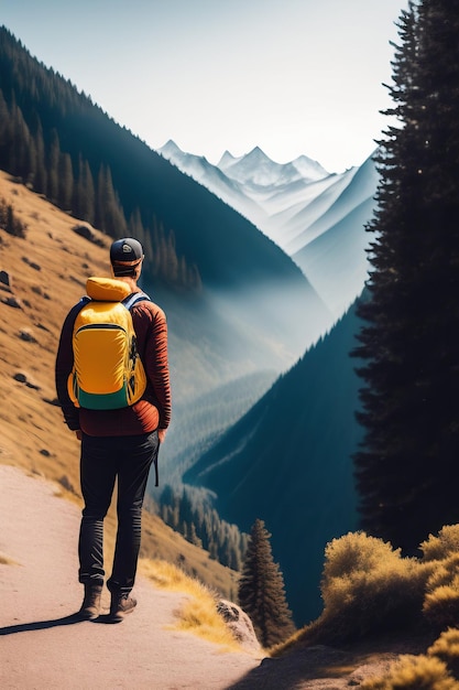 Rückansicht eines Touristen mit Rucksack und Blick auf die Berge