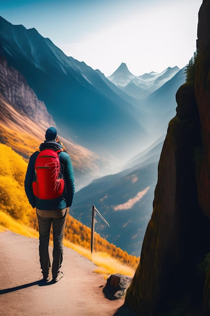Rückansicht eines Touristen mit Rucksack und Blick auf die Berge