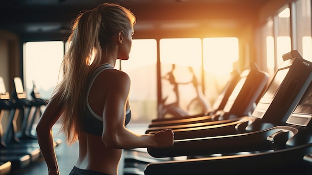 Rückansicht junger Frauen, die fiktiv auf dem Laufband im modernen Fitnessstudio laufen
