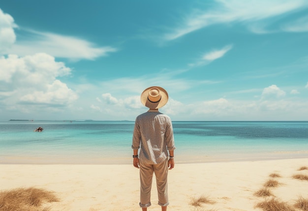 Rückansicht junger Touristenmann im Sommerkleid und Hut, der am schönen Sandstrand steht und genießt