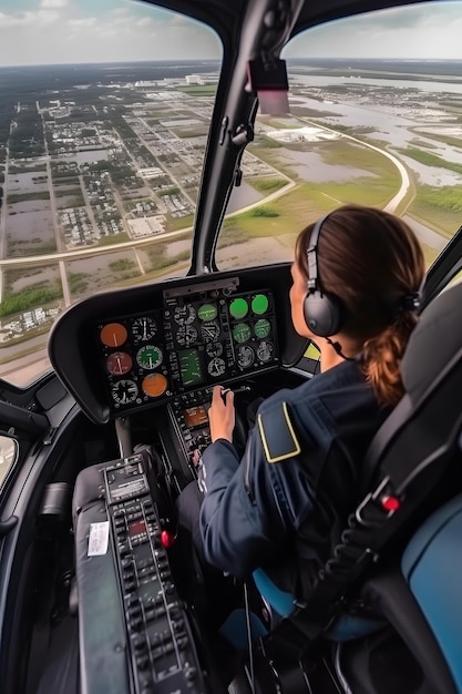 Rückansicht Pilotin im Cockpit eines Hubschraubers im Flug mit Blick auf die Stadt von oben KI generiert