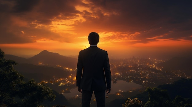 Rückansicht-Silhouette eines Geschäftsmannes auf einem Berg mit Sonnenuntergang und Dämmerungshimmel im Hintergrund