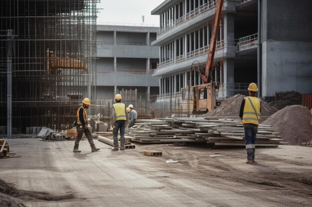 Rückansicht von Bauarbeitern, die auf der Baustelle arbeiten