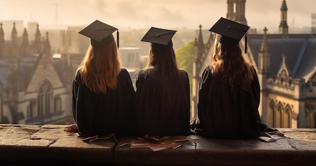 Rückansicht von Hochschulabsolventen in Abschlussrobe und Mütze am Zulassungstag