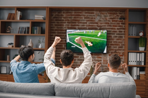 Rückansicht von Männern, die sich ein Fußballspiel im Fernsehen ansehen und auf einem Sofa sitzen