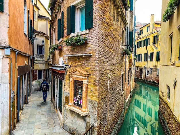 Rückansicht von Menschen, die mit einem Hund in der Straße von Venedig spazieren gehen