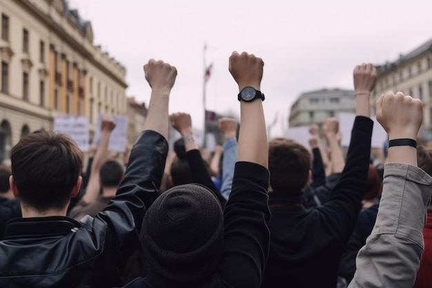 Foto rückansicht von menschen mit erhobenen fäusten bei einer demonstration in der stadt