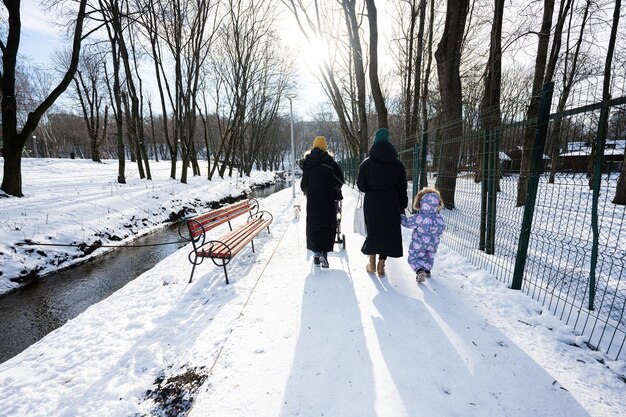 Rückansicht von Müttern und Kindern, die an einem sonnigen, frostigen Wintertag im Park spazieren gehen