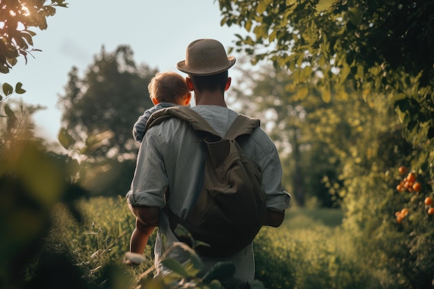 Rückansicht von Vater und Sohn beim Spazierengehen im Garten VatertagskonzeptVollständige Rückansicht eines Vaters, der sein Baby auf einem Hügel trägt