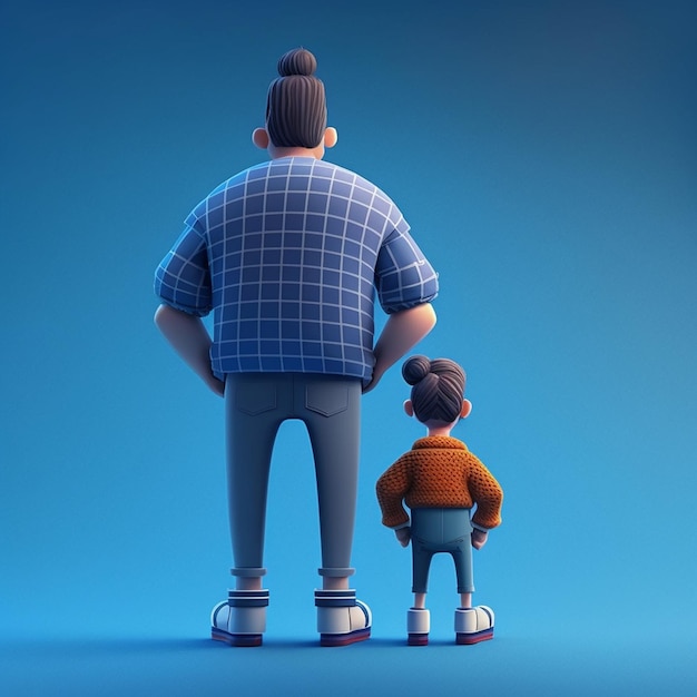 Rückansicht von Vater und Tochter, die Rücken an Rücken stehen 3D-Darstellung Glückliches Vatertagskonzept
