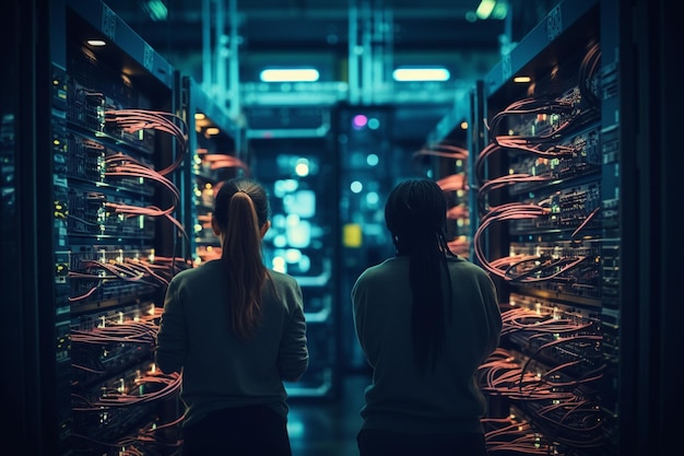 Rückansicht von zwei Frauen, die in einem Rechenzentrum arbeiten und Kabel mit Reihen von Server-Racks handhaben