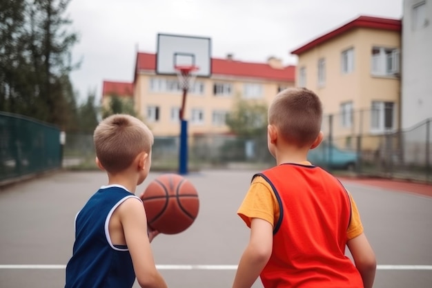 Rückansicht von zwei Jungen, die auf einem mit generativer KI erstellten Sportplatz Basketball spielen