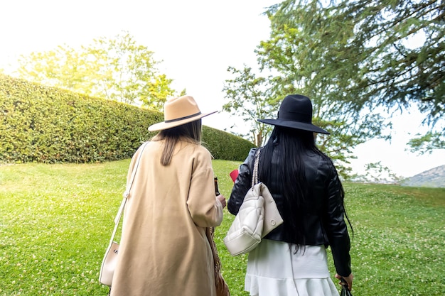 Rückansicht von zwei jungen Mädchen, die mit einem Getränk im Park ankommen, um zu feiern