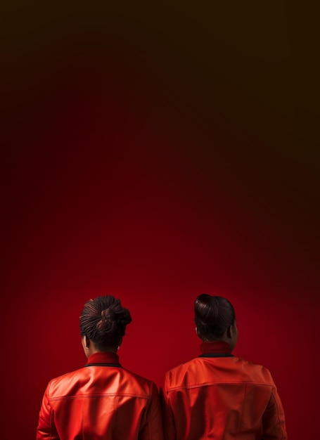 Rückansicht von zwei schwarzen Frauen mit schwarzem lockigem Haar, die rote Jacken auf rotem Hintergrund tragen