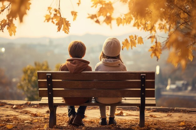 Rückblick auf ein Junge und ein Mädchen, die zusammen auf der Bank in einem Herbstpark sitzen